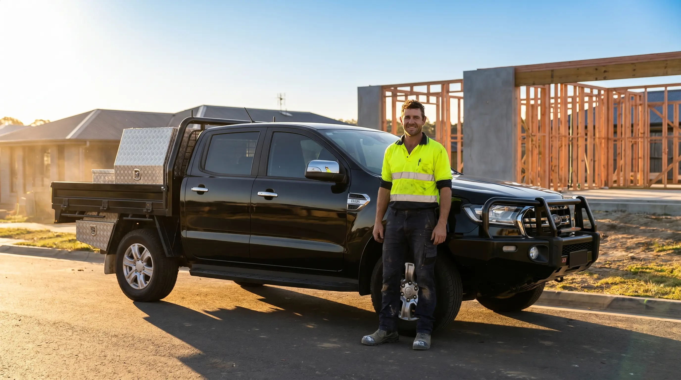 Australian tradie with dual-cab ute on a Queensland construction site at golden hour
