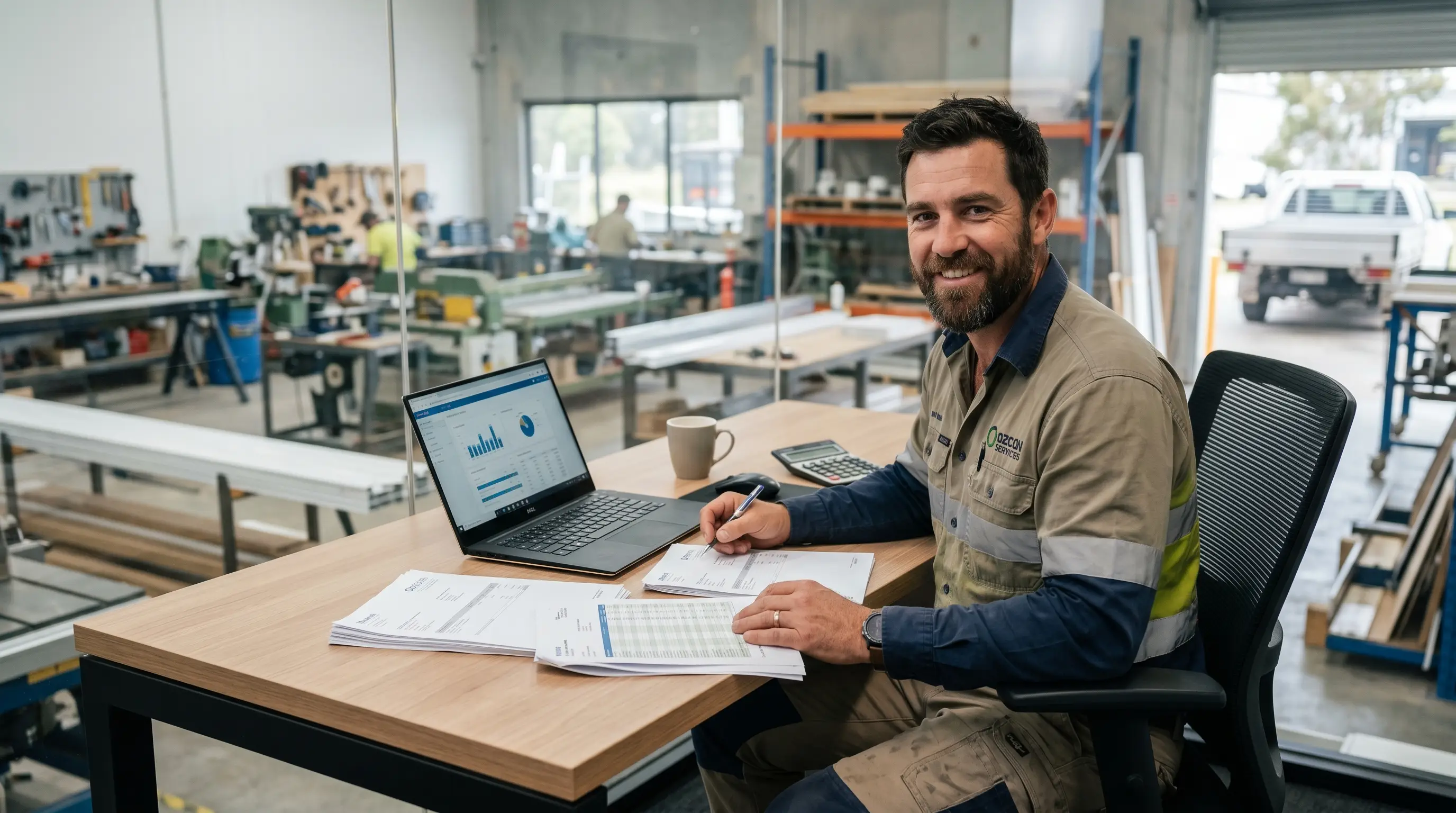 Australian tradie reviewing finance documents at a desk
