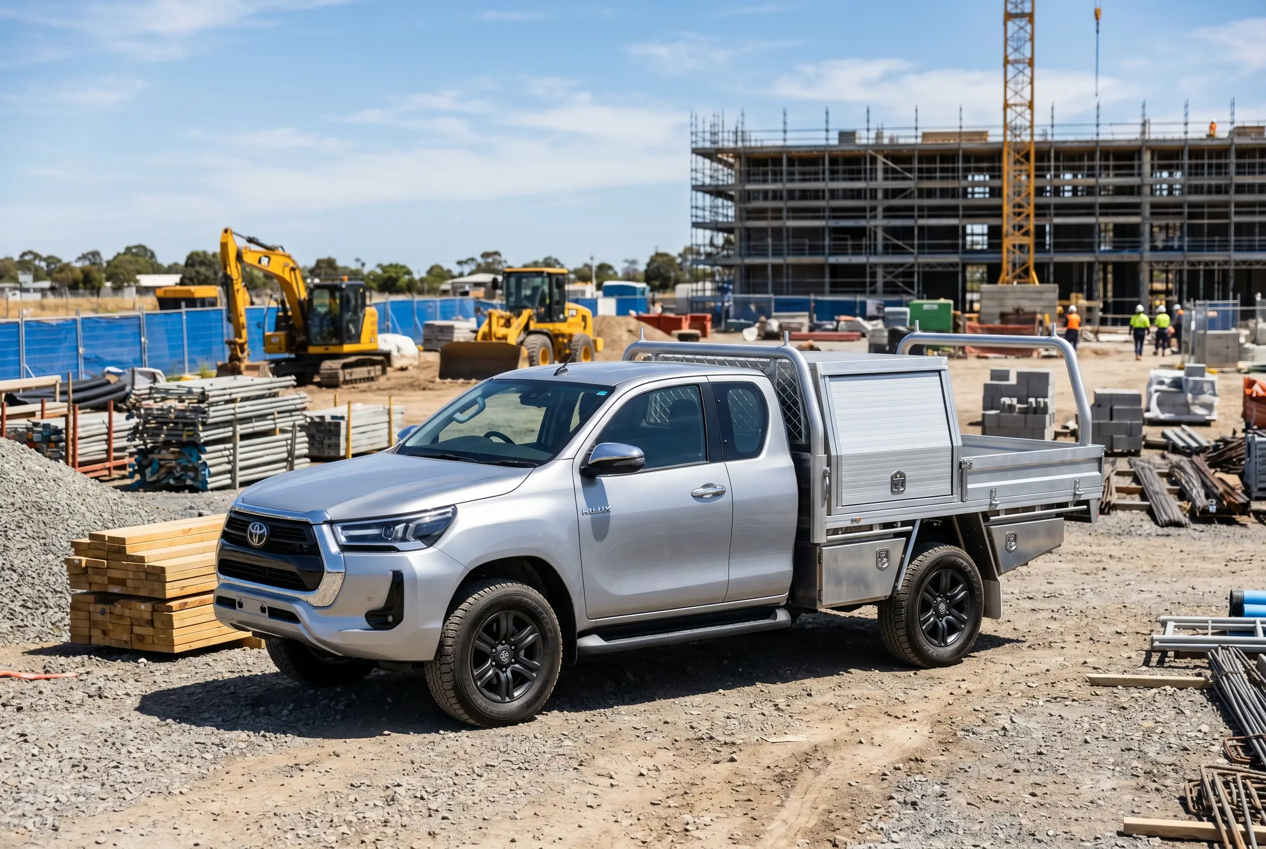Clean dual-cab ute with aluminium tray body on a sunny Australian construction site
