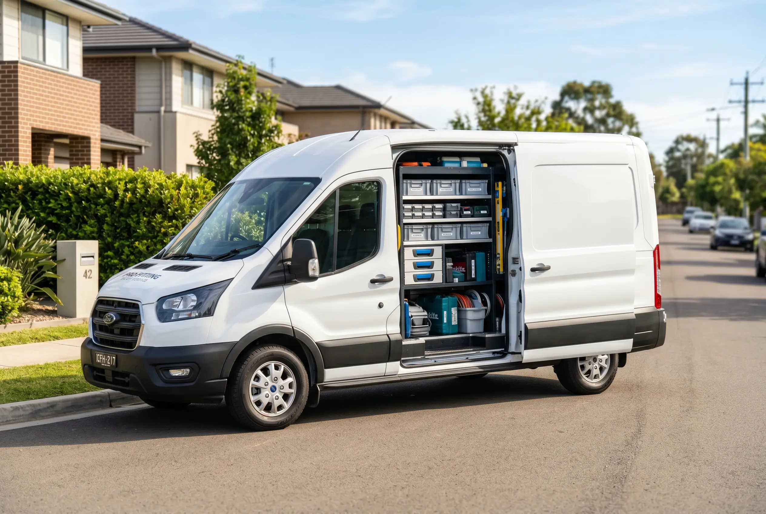 Work van with open door showing organised Sortimo-style shelving and racking