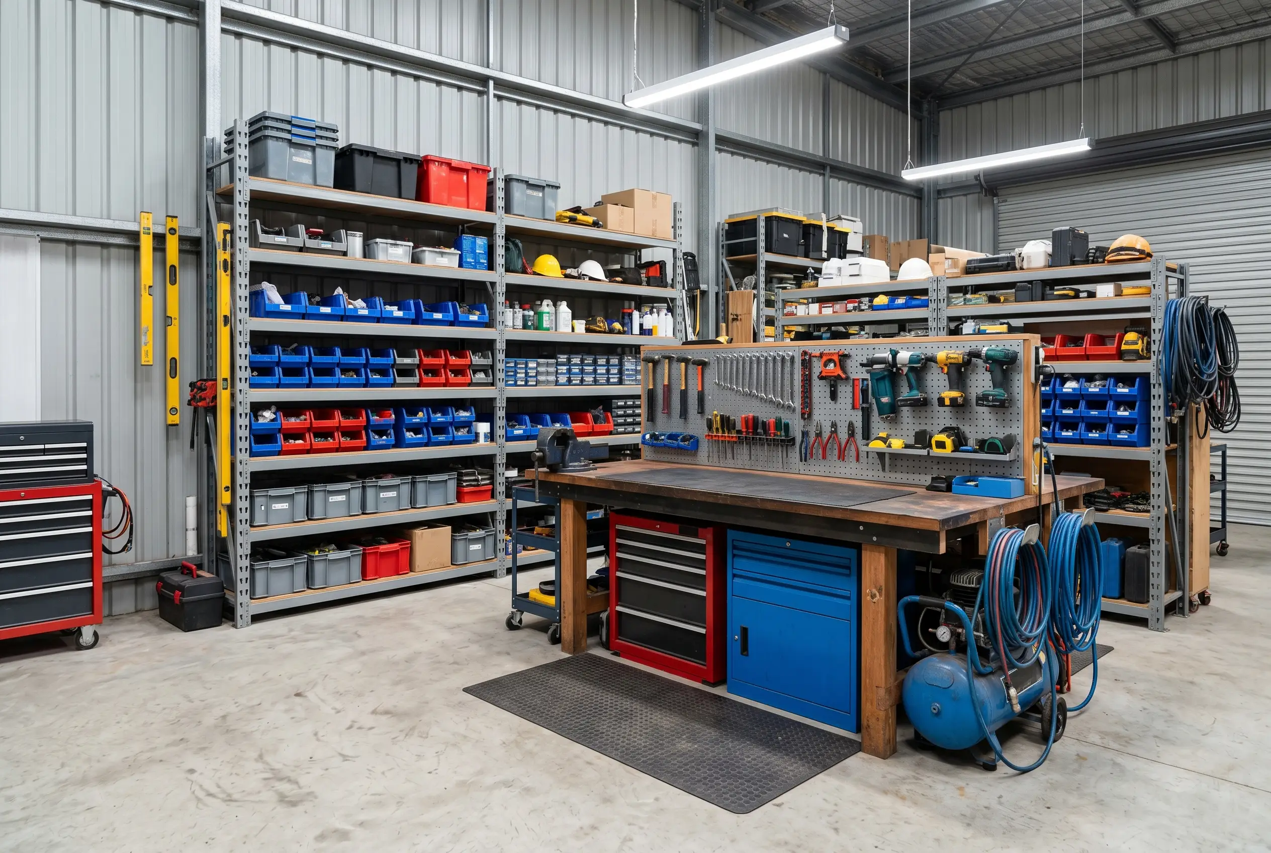 Clean organised Australian trade workshop with heavy-duty shelving and workbench